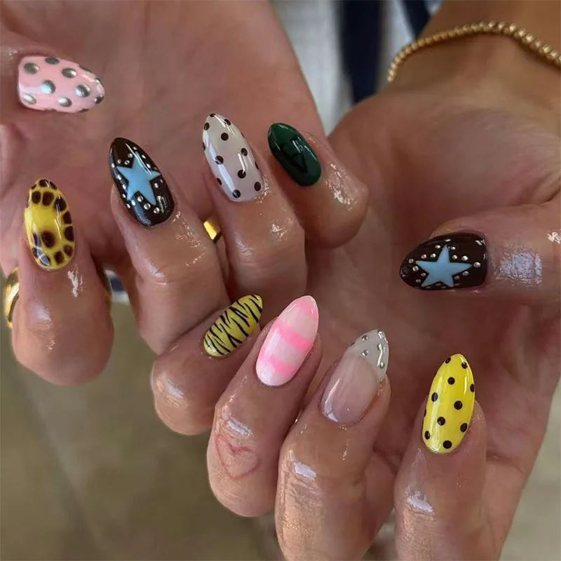 24Pcs Craquelure Blue French Press on False Nails Star Polka Dot Design Full Cover Nails Tips Short Almond Detachable Fake Nails