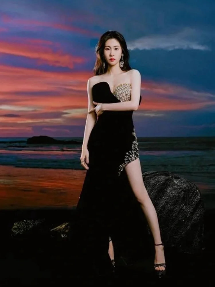 2025 Luxury Shining Diamonds Sexy High Slit Stapless black velvet Long Dress Elegant Woman Birthday Party Dress Goddess Vestido