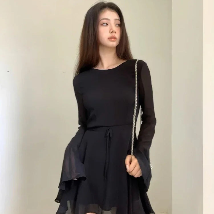 HOUZHOU Backless Black Dress Women Elegant Back Hollow Out Lace-up Long Sleeve Mesh Patchwork Sexy Slim Ruffle Mini Dress Party