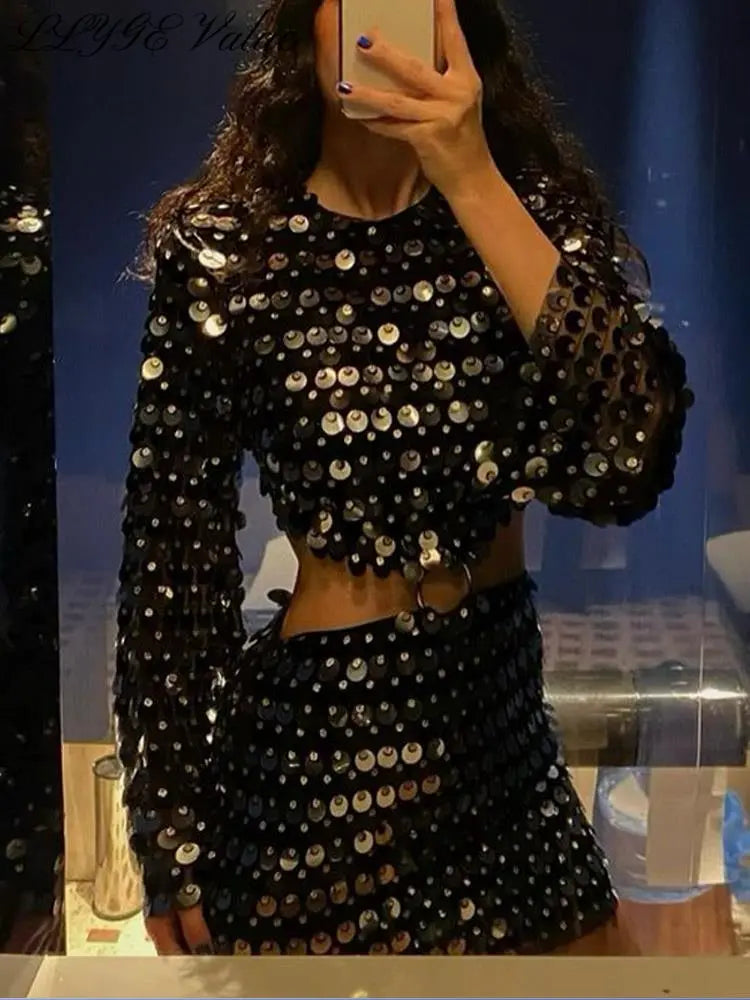 Sexy Sequined Evening Dress Women Long Sleeve O Neck Slim Backless Fashion Mini Dresses Party Hallow Out Ferrule Robe
