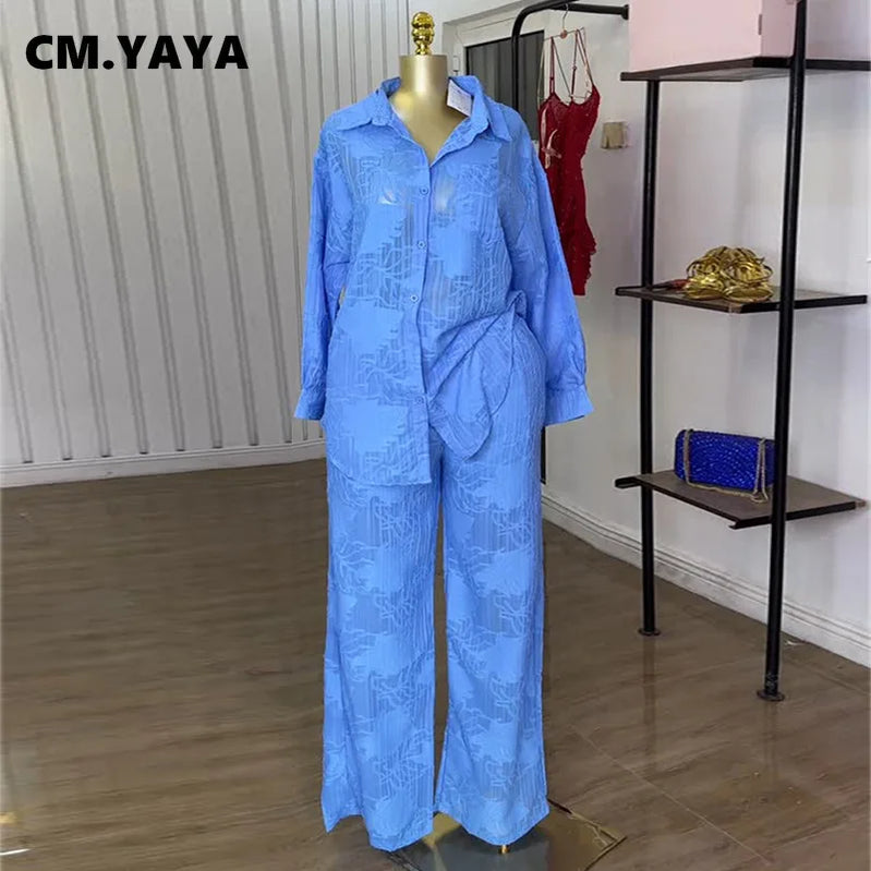 CM.YAYA Fashion Women's Set Perspective Long Sleeve Shirt and Straight Wide Leg Pants 2025 OL Two 2 Piece Set Outfit Tracksuit