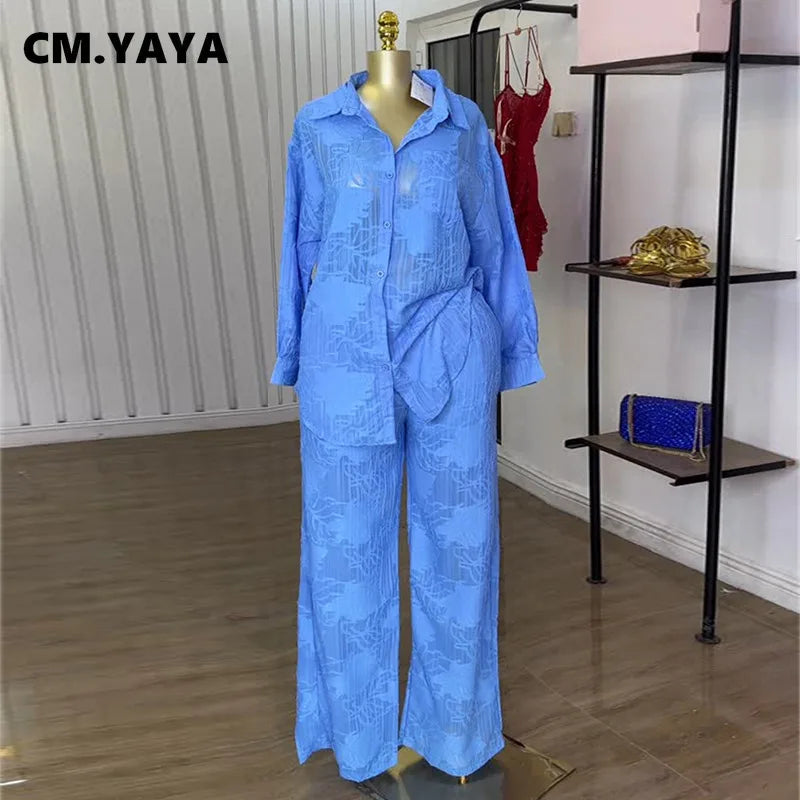 CM.YAYA Fashion Women's Set Perspective Long Sleeve Shirt and Straight Wide Leg Pants 2025 OL Two 2 Piece Set Outfit Tracksuit