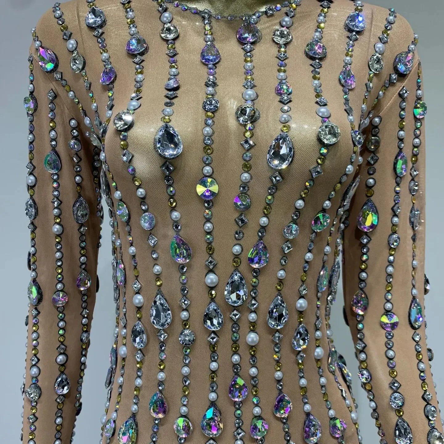 Stock Women Luxury Sexy Mesh Crystal Diamonds Beading Mini Dress Birthday Party Costume Bar Nightclub Stage Performance Clothing