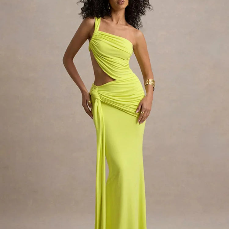 Irregular Ruched Sexy Maxi Dress For Women Gown Hollow Out One Shoulder Sleevelessdraped Bodycon Club Party Long Dress