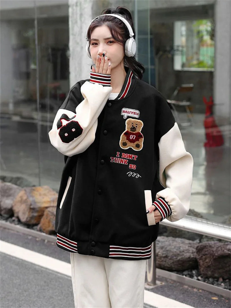 Vintage Bomber Jackets Women Cartoon Bear Baseball Coats Streetwear Female Fashion Hip Hop Casual Ladies Tops Autumn Winter Black