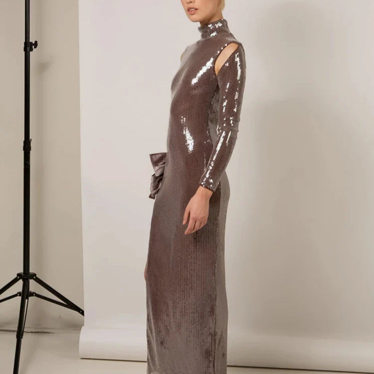 Brown Shinning Sequins Womne Long Sleeve Sexy Florals Bodycon Long Dress High Split Nightclub Party Celebrate Birthday Dress