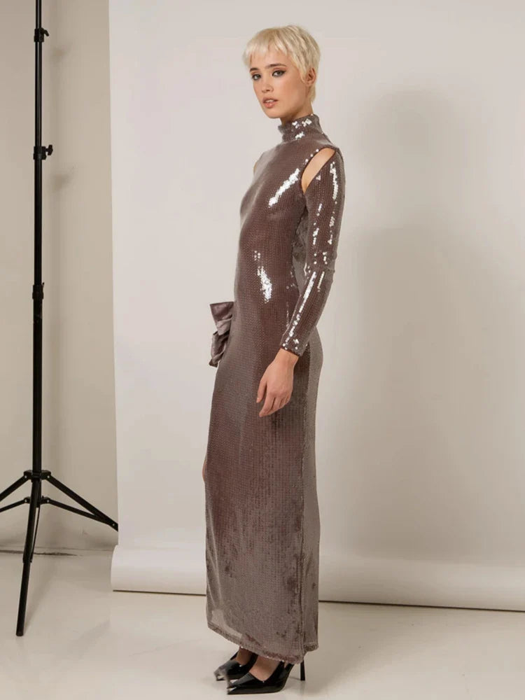 Brown Shinning Sequins Womne Long Sleeve Sexy Florals Bodycon Long Dress High Split Nightclub Party Celebrate Birthday Dress