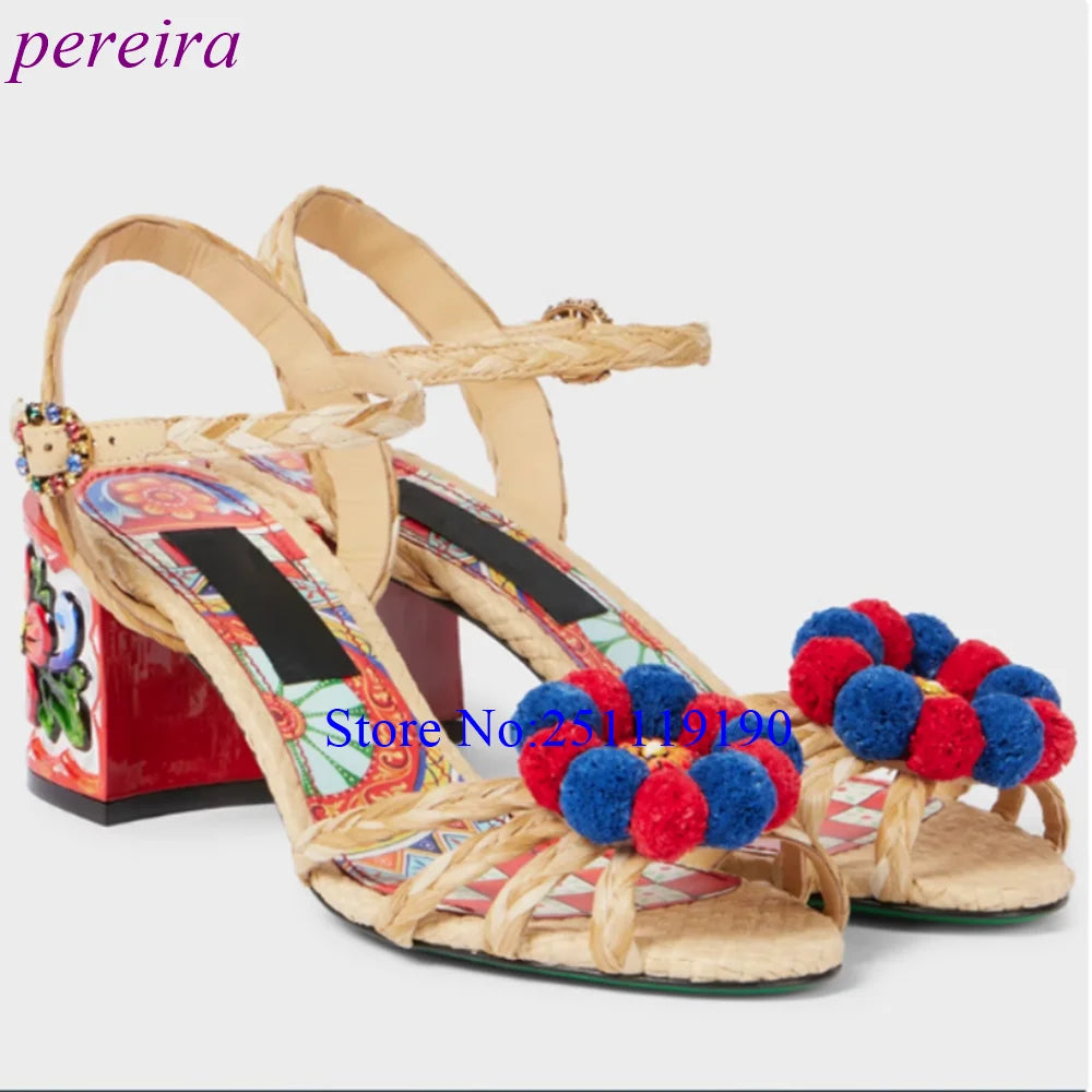 Raffia Flowers Heeled Sandals Strappy Pointed Toe Women Luxury Designer Shoes Square Heel High Heels 2025 Summer Bohemia Style