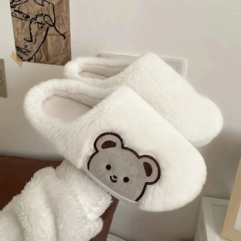 Lovely Cute Cat Slippers Fluffy Furry Women Home Platform Slippers Men Winter Plush Slides Indoor Fuzzy Slippers Cotton Shoes StyleB-White