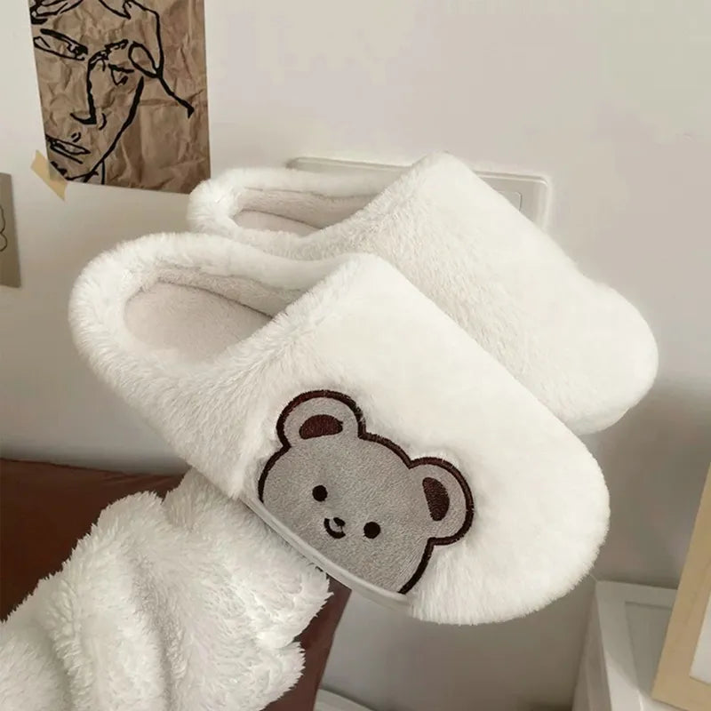 Lovely Cute Cat Slippers Fluffy Furry Women Home Platform Slippers Men Winter Plush Slides Indoor Fuzzy Slippers Cotton Shoes StyleB-White