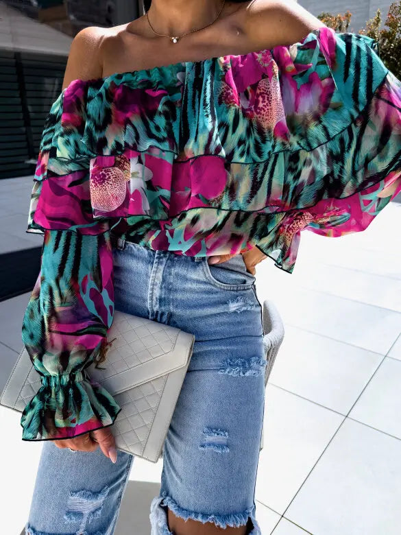 Summer Fashion Off Shoulder Printed Chiffon B LouseWomen Sexy Beach Style Slash Neck Ruffle Chiffon Blouse Women Black