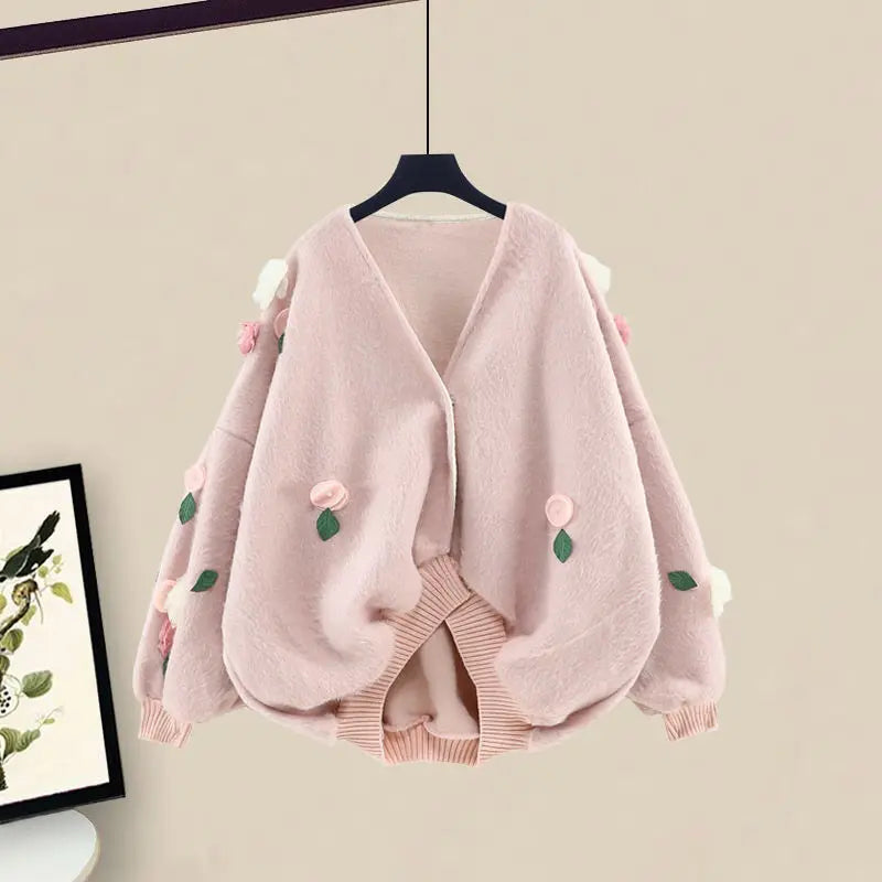 Women Spring Two Pieces Sets Korean Long Sleeve Knitted Sweater Cardigan And Ruffles Patchwork Mesh Long Dress Suit picture 6