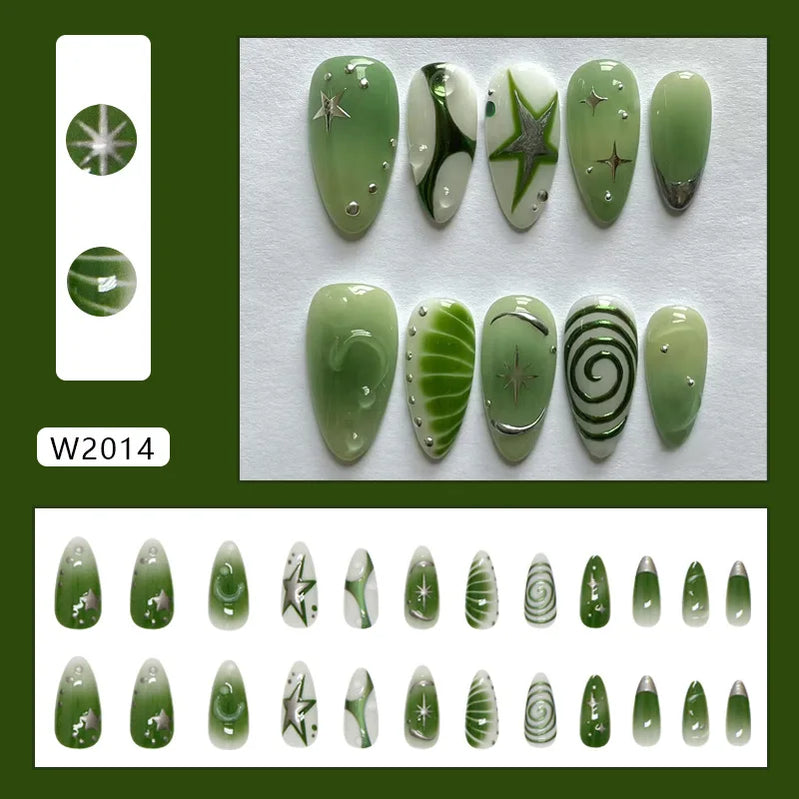 24pcs Summer Green Almond Press on Nails Fashion y2k Star Print False Nails Ins Simple Wearable Reusable Fake Nails for Women