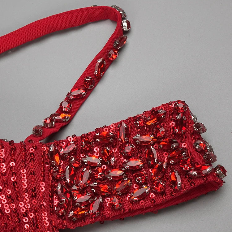 VC Red Diamonds Mermaid Dress Beaded Diagonal One-shoulder High Split Crystals Details Maxi Banquet Evening Party Gown