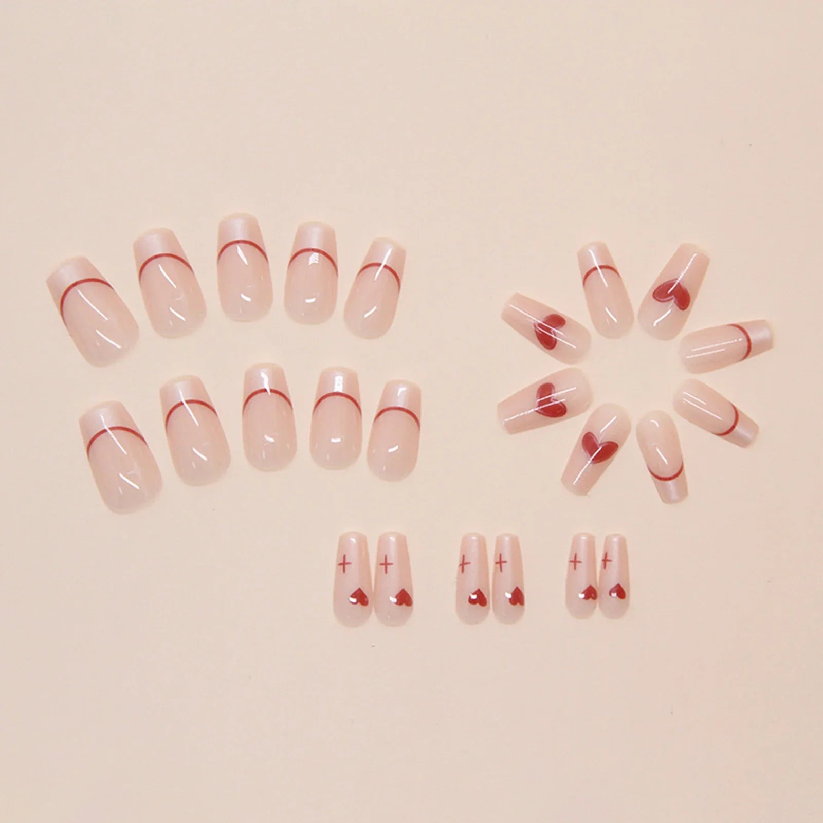 Nude Color Ballet Fake Nails 24Pcs French Press On Nails Love Heart Printed Ballerina Wearable False Nails Valentine's Day Use