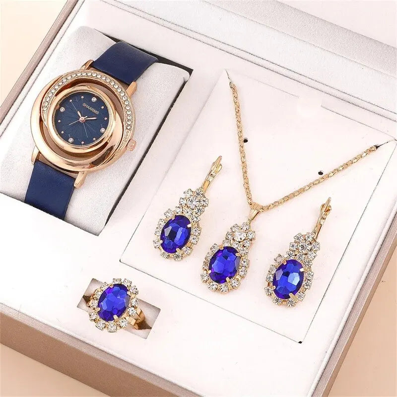 5PCS Set Luxury Watch Women Ring Necklace Earring Rhinestone Fashion Wristwatch Casual Ladies Watches Set Clock Blue