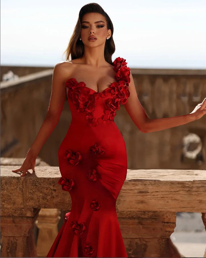 Red Color Women Sexy One Shoulder Florals Bodycon Long Bandage Dress Celebrate Evening Party Wedding Mermaid Outfit