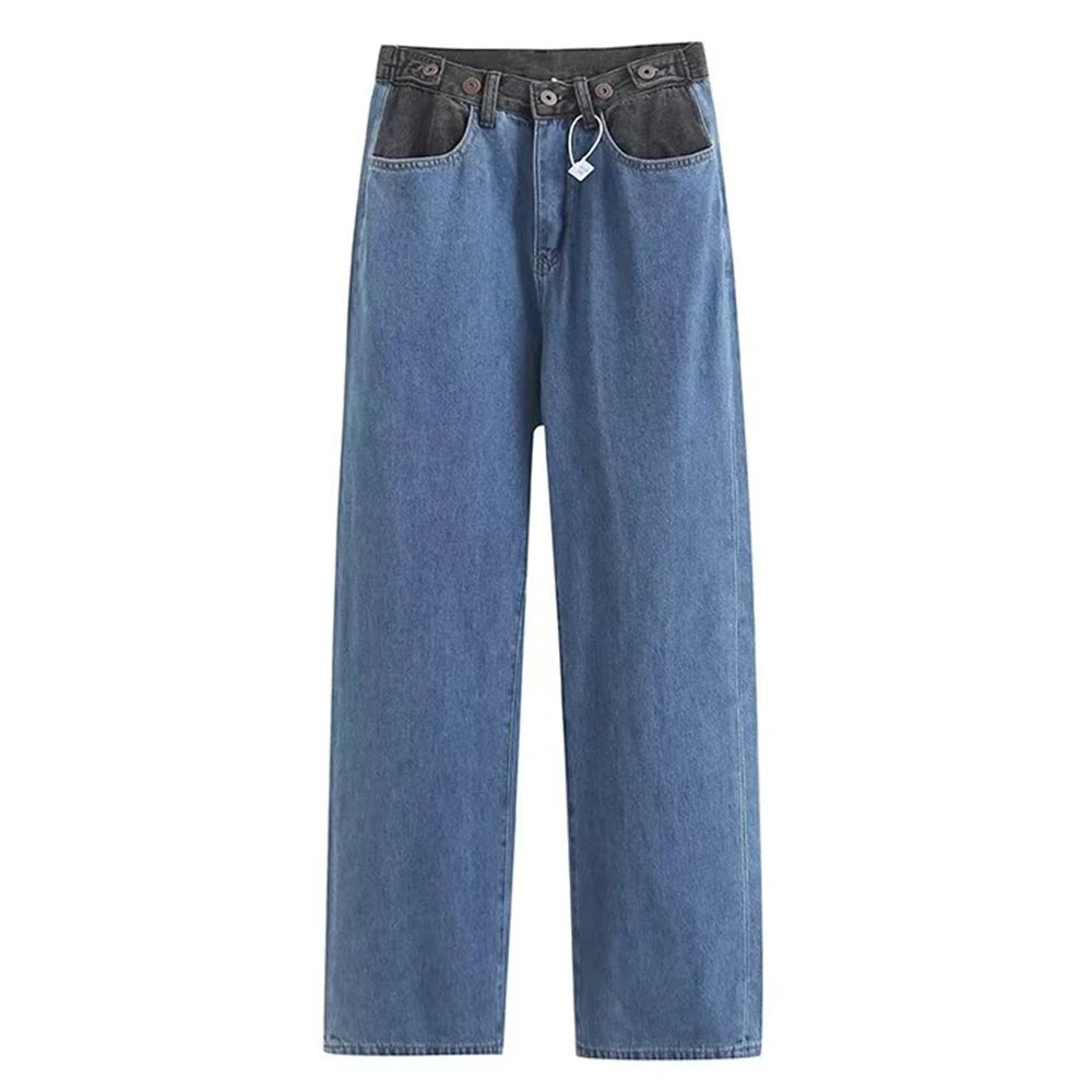 Women's Casual Personality Contrast Color Panel Adjustment Waist High Waist Vintage Denim Straight Leg Pants Mujer Jeans 1