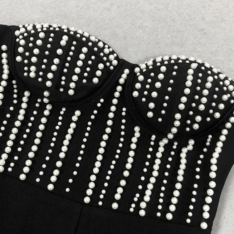 Macacão feminino luxuoso, sexy, sem alças, com pérolas e bandagem, estilo celebridade, designer de rua, 2025