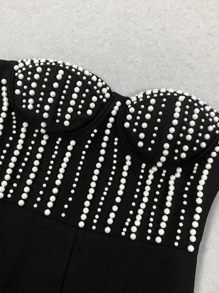 Macacão feminino luxuoso, sexy, sem alças, com pérolas e bandagem, estilo celebridade, designer de rua, 2025