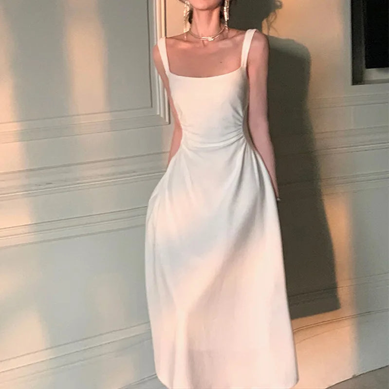 Summer Evening Party White Midi Dress Office Lady Slim Sexy Sleeveless Strap Dress Beach Style Women One Piece Dress Korean