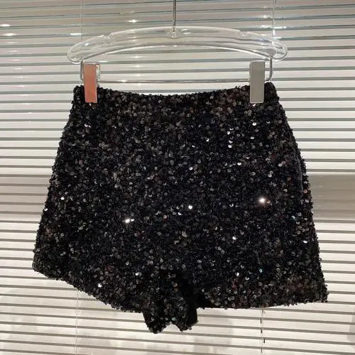 New Autumn Black Velvet Shorts Women Sequined Shiny Versatile Short Pants Clubwear Shorts Hot Pants High Street black