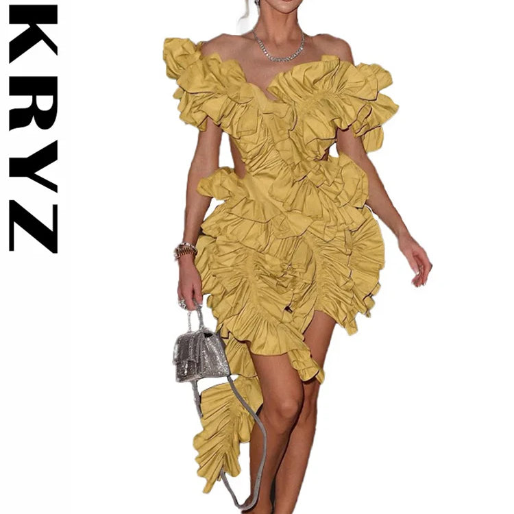 Ladies Autumn Sleeveless V-Neck Backless Sexy Birthday Party Mini Dresses For Women Ruffle New Fashion Clubwear Y2K Baddie Dress