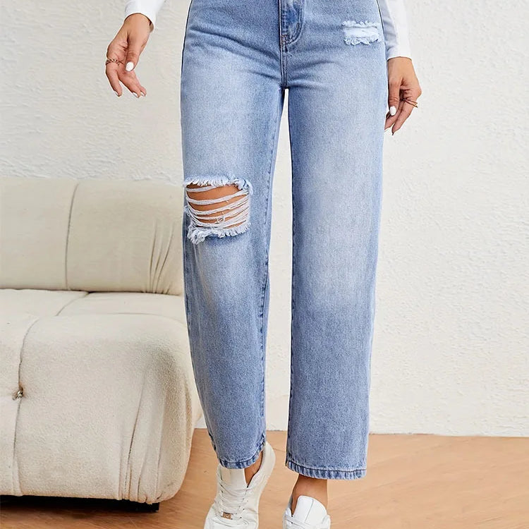 Denimcolab Women's Loose High Waist Jeans Cotton Denim With Holes Straight Leg Pants Ladies Casual Simple Solid Denim Trousers