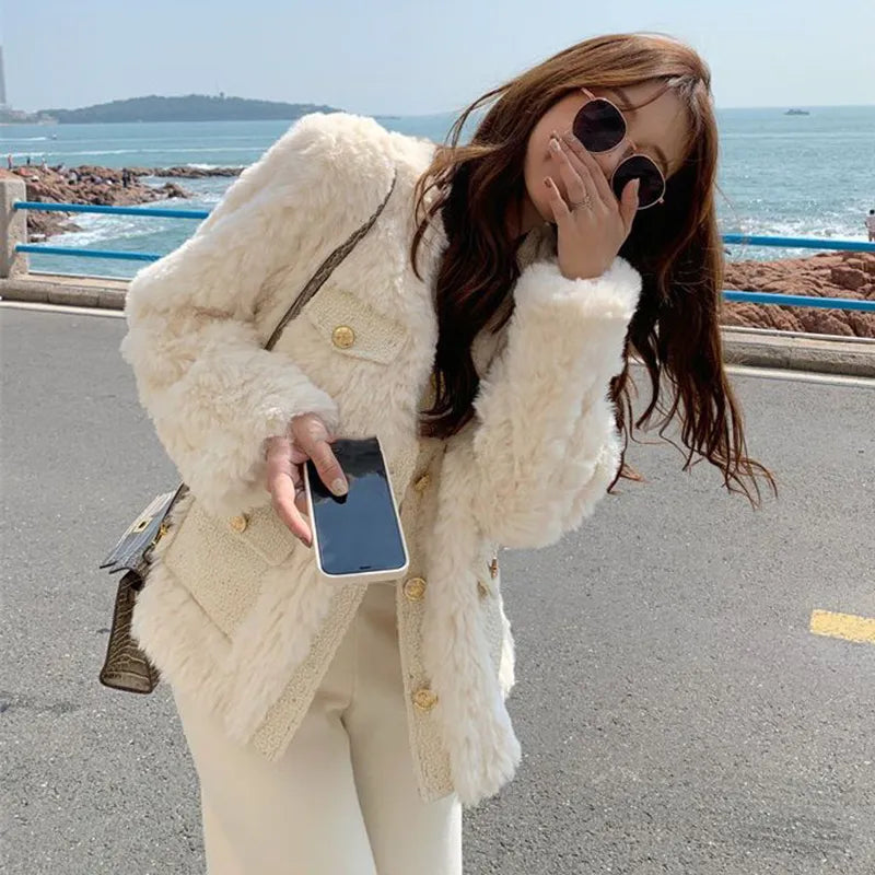 Autumn Winter Women's Lamb Wool Jacket Korean Style Streetwear O-Neck Faux Fur Coat Woman Warm Thick Furry Fluffy Coat