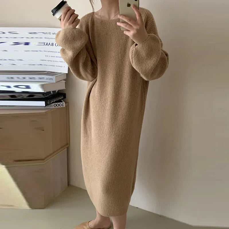 Winter Casual Long Knitted Sweater Dress Elegant New Solid Crew-neck Furry Pullover Dress Women Long Sleeve Party Dress 05 Camel One Size