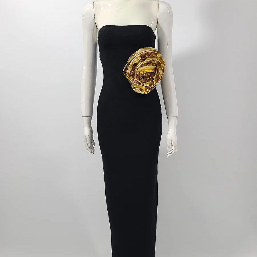 Black Color Women Sexy Strapless Big Gold Florals Bodycon Bandage Long Dress Fashion Elegant Evening Party Cocktail Dress