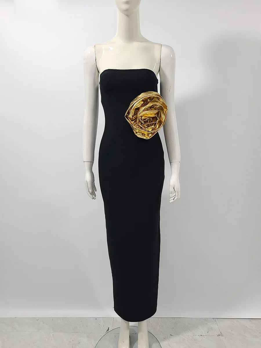 Vestido longo preto feminino, sexy, sem alças, com estampa floral dourada, colado ao corpo, elegante, para festa à noite, coquetel