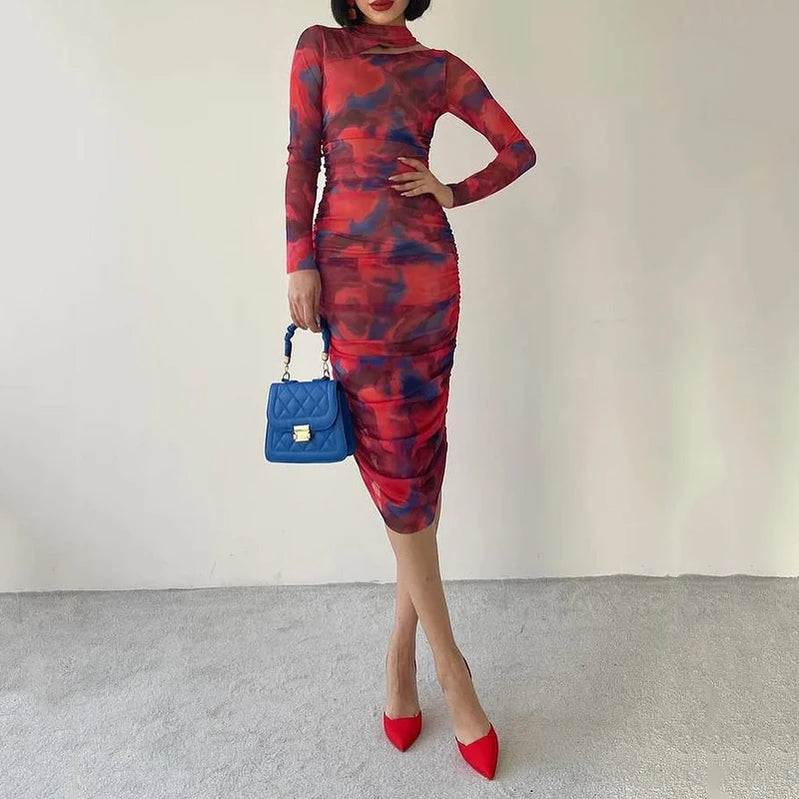 Ellafads Women Midi Dresses Autumn Fashion Hollow Out Long Sleeve Vintage Printed Folds Party Dress Elegant Chic Bodycon Gown