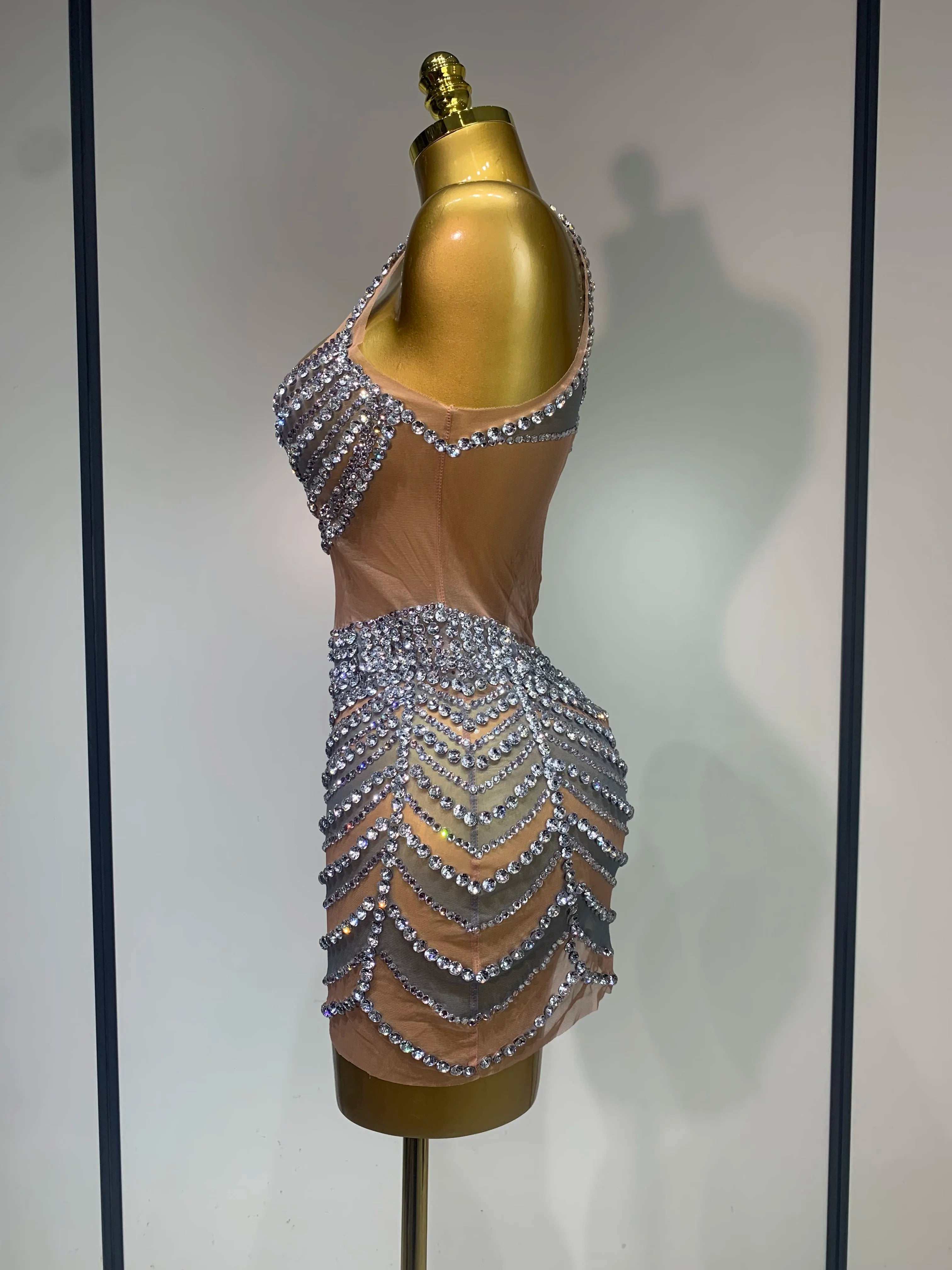 Sparkly Rhinestones Sleeveless Mini Dress Evening Birthday Celebrate Evening Party Dress Nightclub Stage  Performance Costume