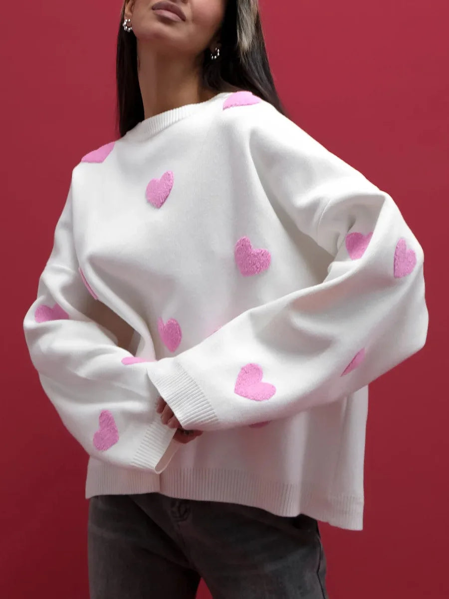 Chic Sweet Love Embroidery Knitting Sweaters Women Long Sleeved O-neck Pullovers Winter New Female Casual Fashion Sweaters White Pink