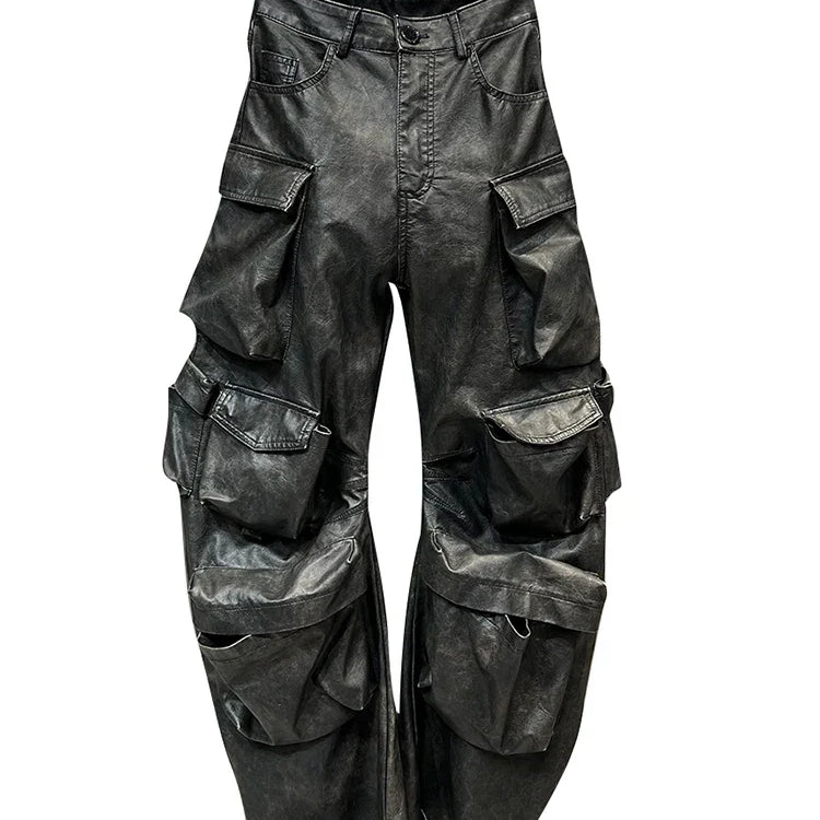 DEAT Multi Pocket Design Vintage PU Leather Pants For Women High Waist Single Button Cargo Trousers Autumn Female 11XX5286