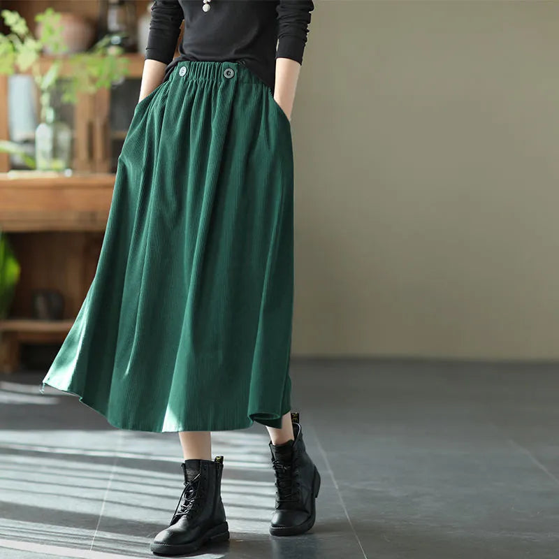 Retro Corduroy Skirts Long for Women Autumn Winter Fashion Korean Streetwear Harajuku Midi Japanese Style Skirt Elegant Woman Green