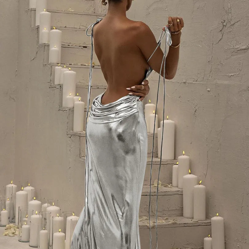 Faux Leather Backless Slips Solid Draped Lace Up Elegant Sexy Maxi Dress Spring Summer Women Outfit Festival Party