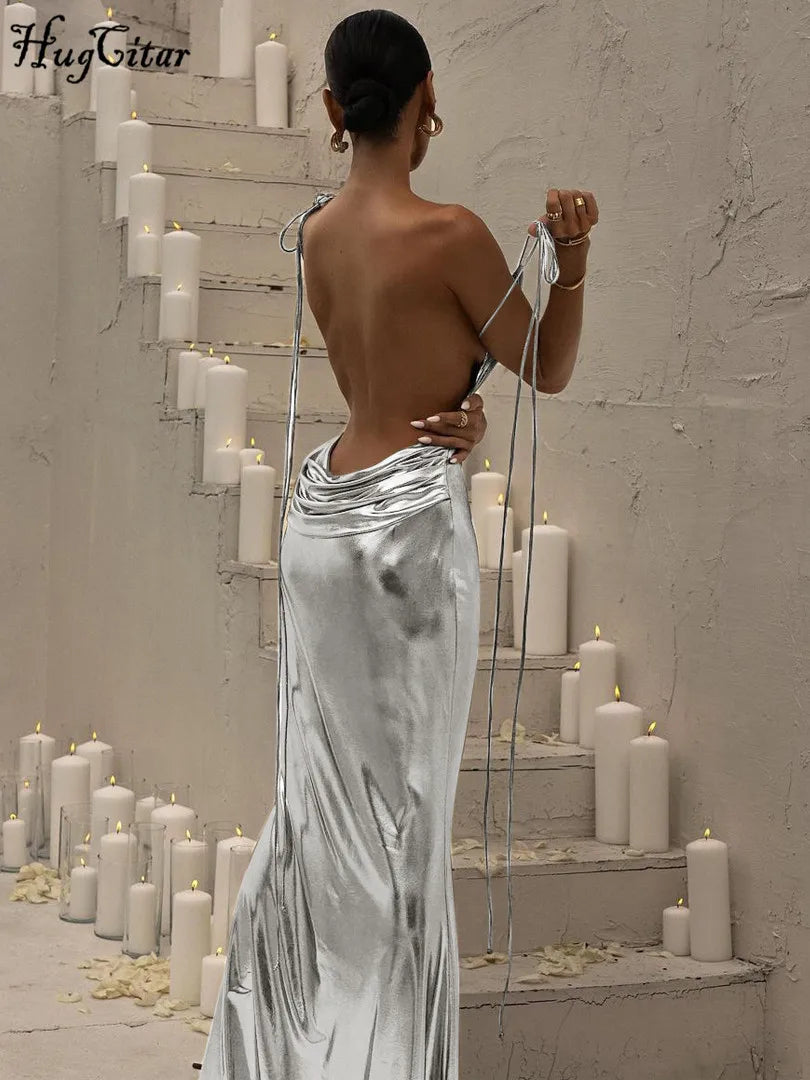 Faux Leather Backless Slips Solid Draped Lace Up Elegant Sexy Maxi Dress Spring Summer Women Outfit Festival Party