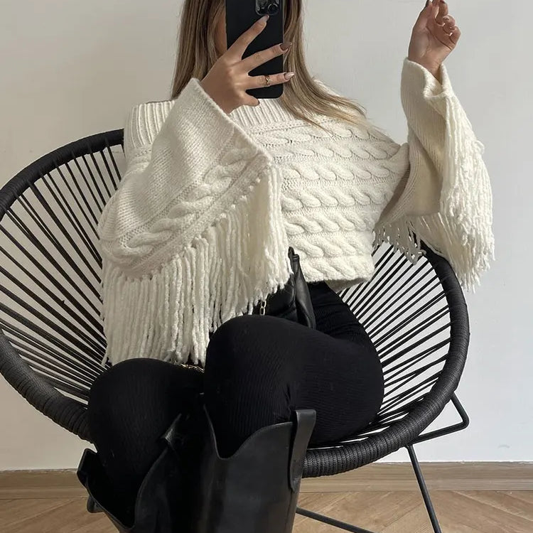 Thicken White Tassel Off Shoulder Sweater Women Elegant Slash Neck Long Sleeve Short Wool Pullover Winter Lady Knit Jumpers
