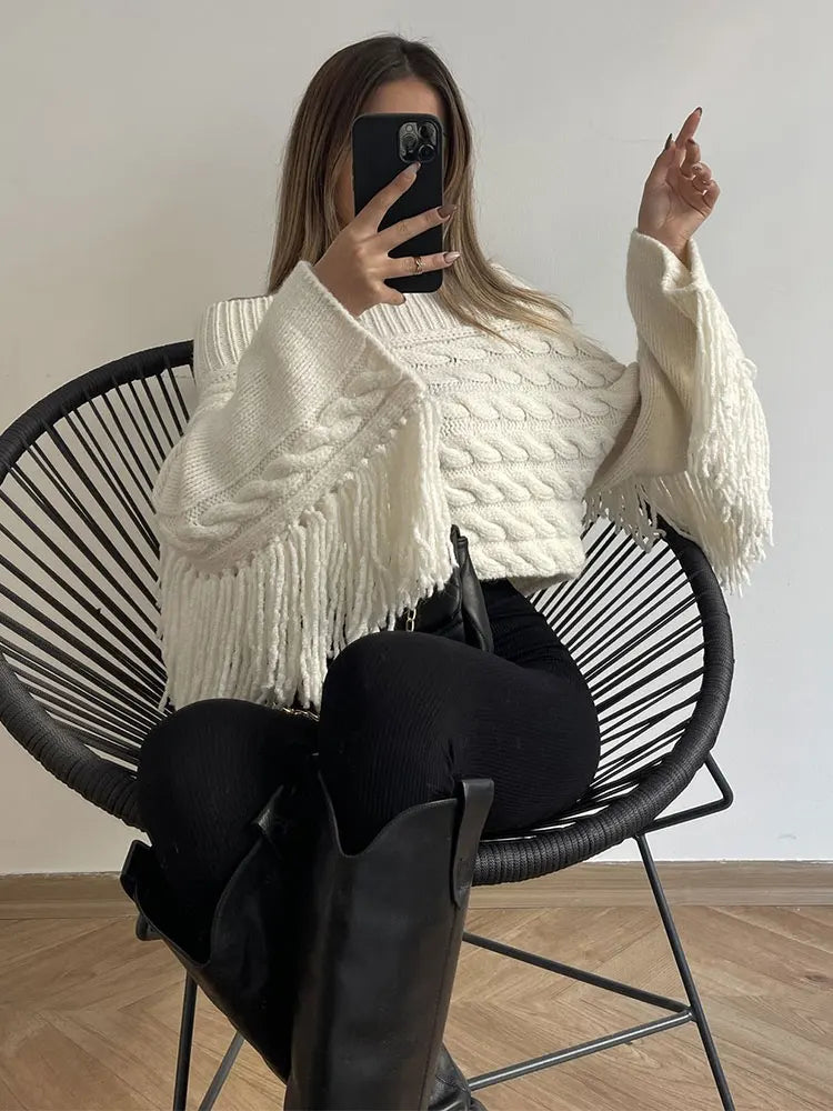 Thicken White Tassel Off Shoulder Sweater Women Elegant Slash Neck Long Sleeve Short Wool Pullover Winter Lady Knit Jumpers