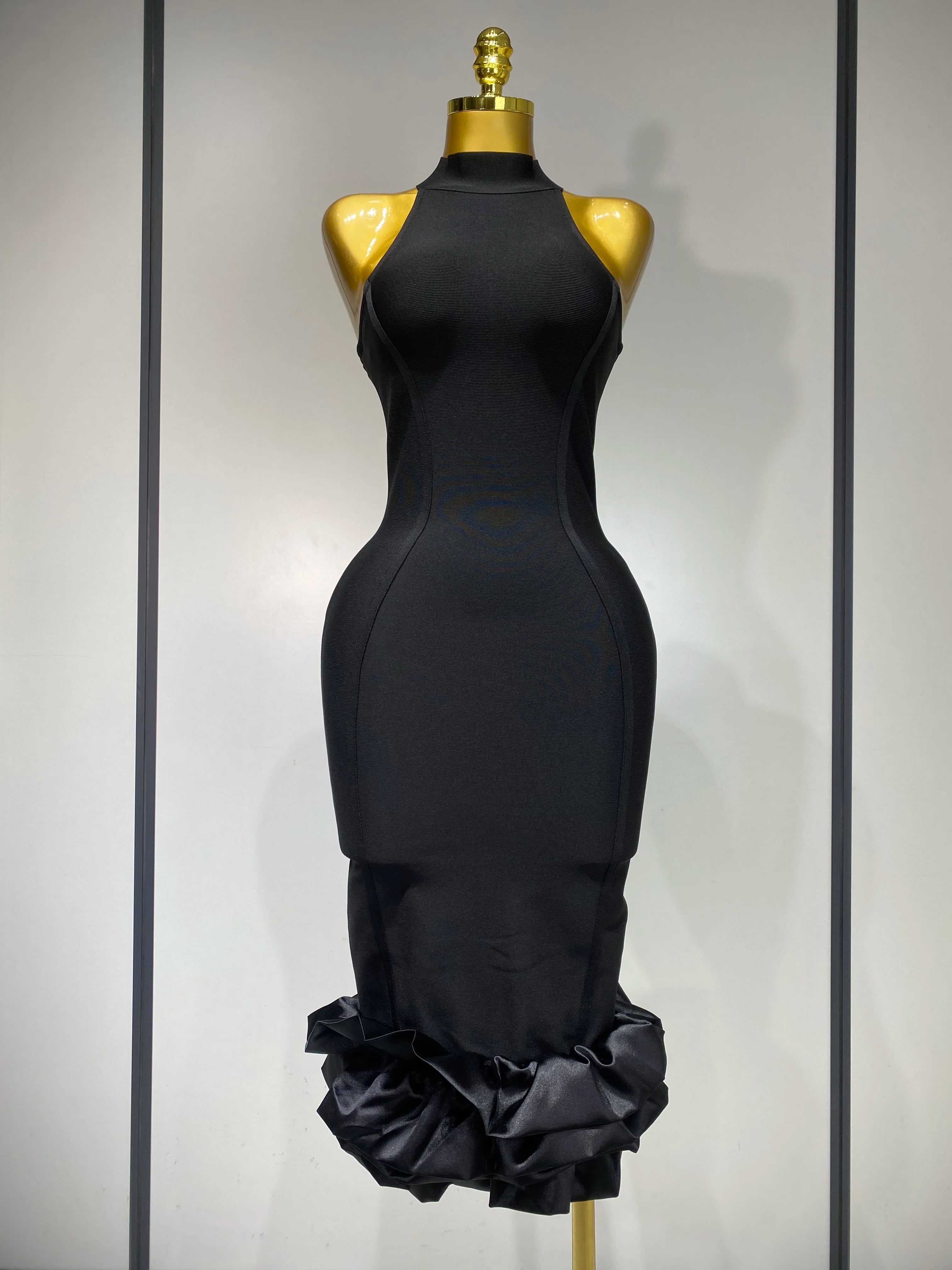 Women Sexy High Collar Ruffle Black Bandage Dress Sheath Sleeveless Party Prom Gown Elegant Formal Luxury Birthday Club Dresses