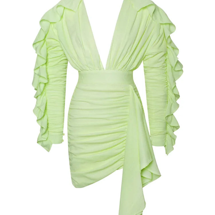 Yellow Green Women Butterfly Sleeve Sexy Deep V-Neck Bodycon Mini Dress Fashion Nightclub Party Dress
