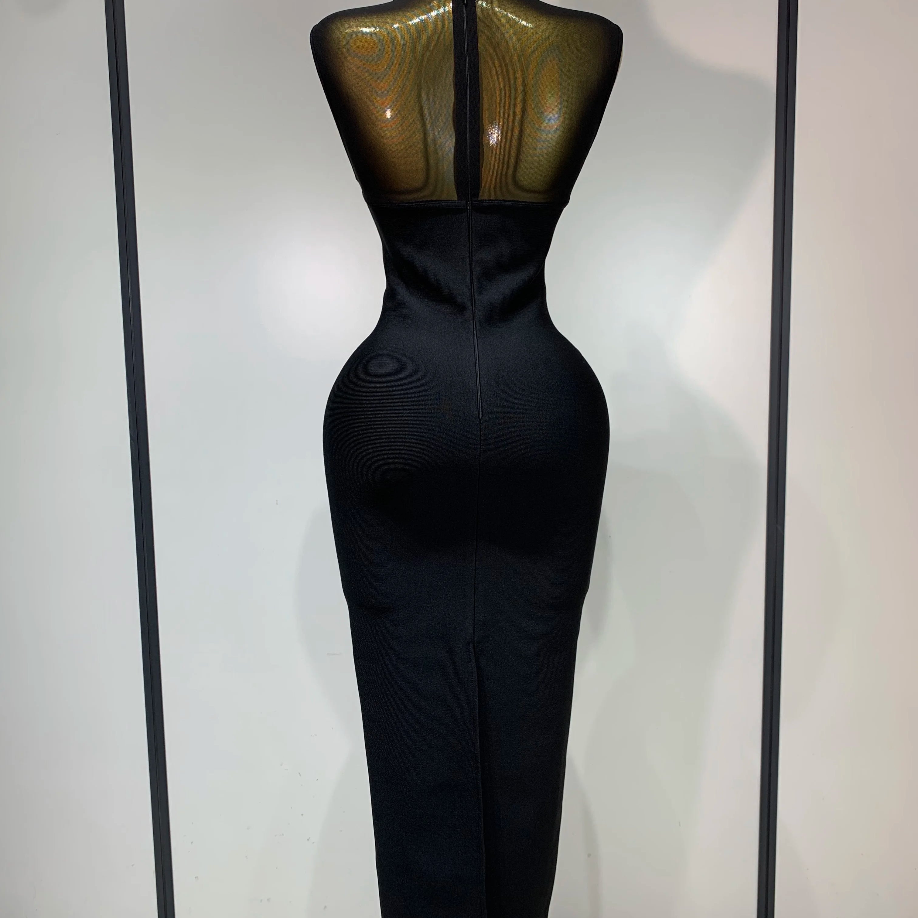 Women Sexy Mesh Patchwork Bandage Round Neck Sleeveless Bandage Dress Celebrity Elegant Evening Party Dress Club Wedding Gown