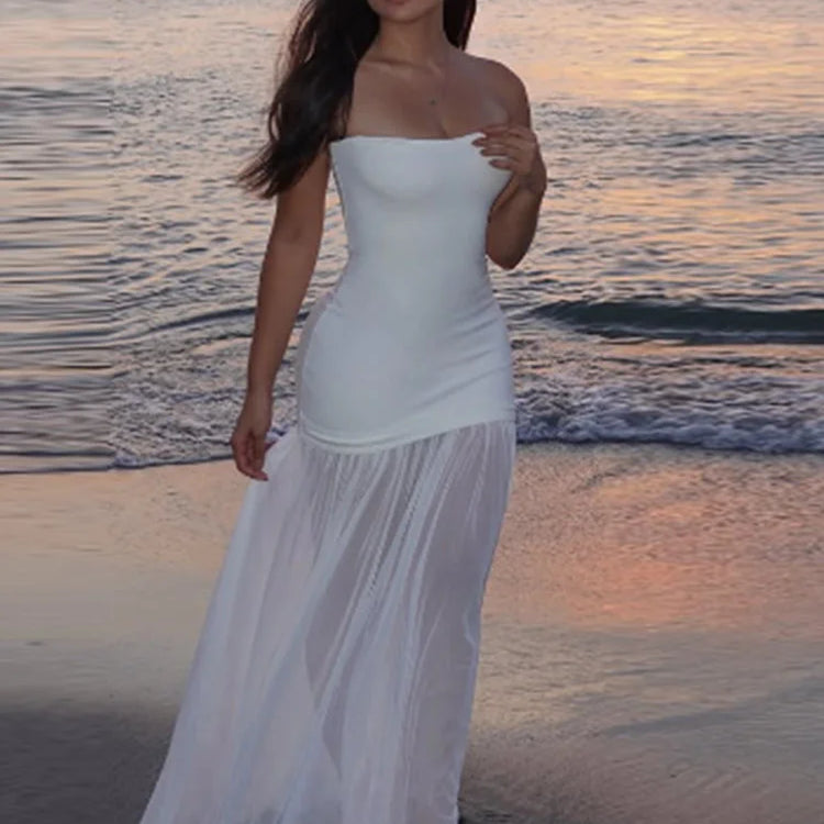 Elegant White Gauze Off Shoulder Long Dress Women Fashion Sleeveless Backless A-line Vestidos 2025 New Lady Vocation Beach Robes