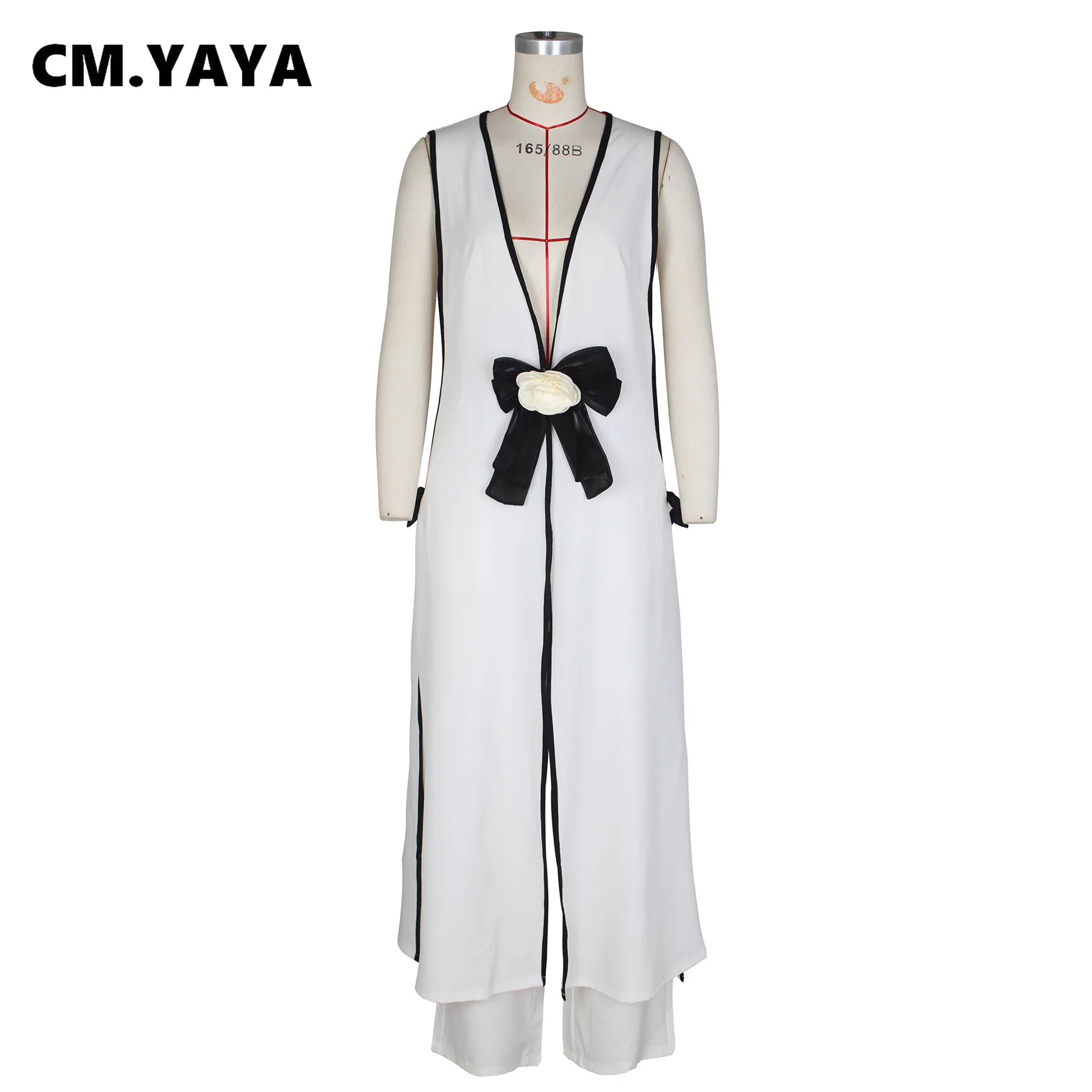 CM.YAYA Women Set 3D Flower Sleeveless V-neck X-long Shirt Coats + Wide Leg Pants Two 2 Piece Sets Fashion Outfits 2024 Summer