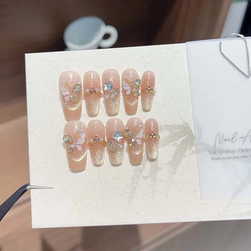 10Pcs Mid-length Ballet Cat Eye Handmade Gel Nails with Glue Sweet Mori Girl Nail Art Shimmery Butterfly Fake Nail Manicure Tips