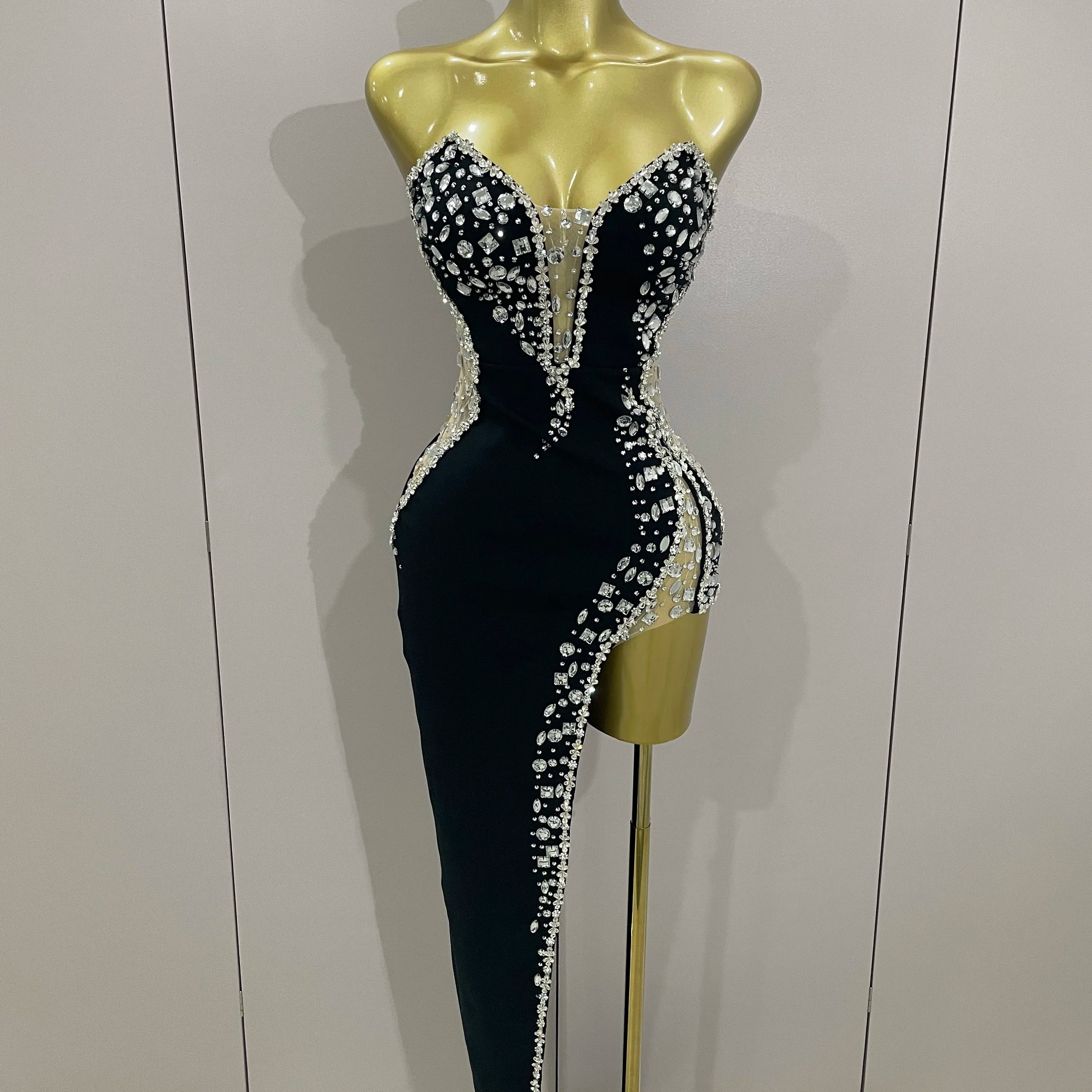 Newest High Quality Sexy Strapless Shinning Rhinestones Bodycon Bandage Long Dress Women Fashion Celebrate Evening Party Vestido
