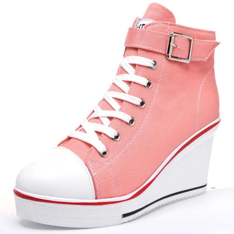 High Top Canvas Women Wedge Shoes Women's Denim Ankle Lace Up Ladies Ankle Canvas Shoes Woman 8cm Heels Sneakers Pink