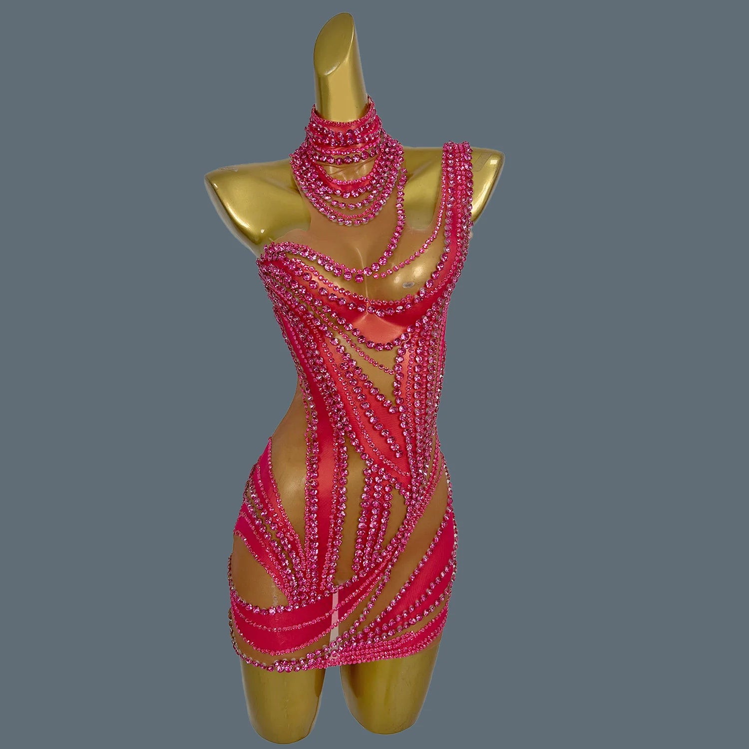 Hot Girl Sparkly Rhinestone Mini Dress Sexy Mesh See Through Party Event Prom Celebrate Birthday Dress Singer Show Wear Liuzhuan